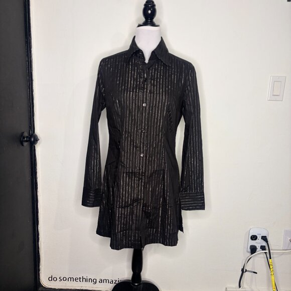 New York & Company Black Metallic Pinstripe Button Front Shirt Dress Size M - Picture 2 of 9